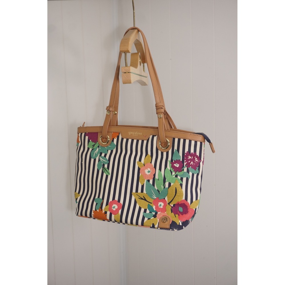 Spartina 449 Floral Striped Linen Leather Tote Bag Navy White Tan Tassel